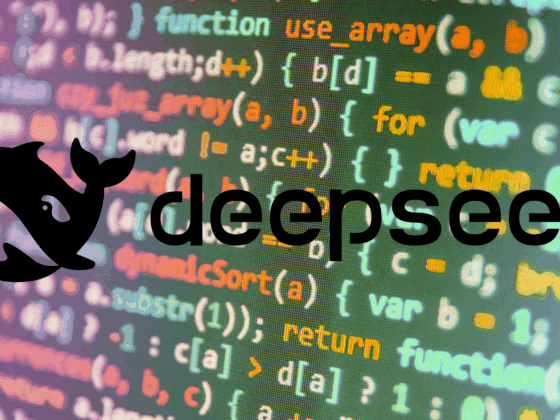 Logo de la société DeepSeek représentant une baleine stylisée noire, superposé à un écran affichant du code source multicolore en langage JavaScript