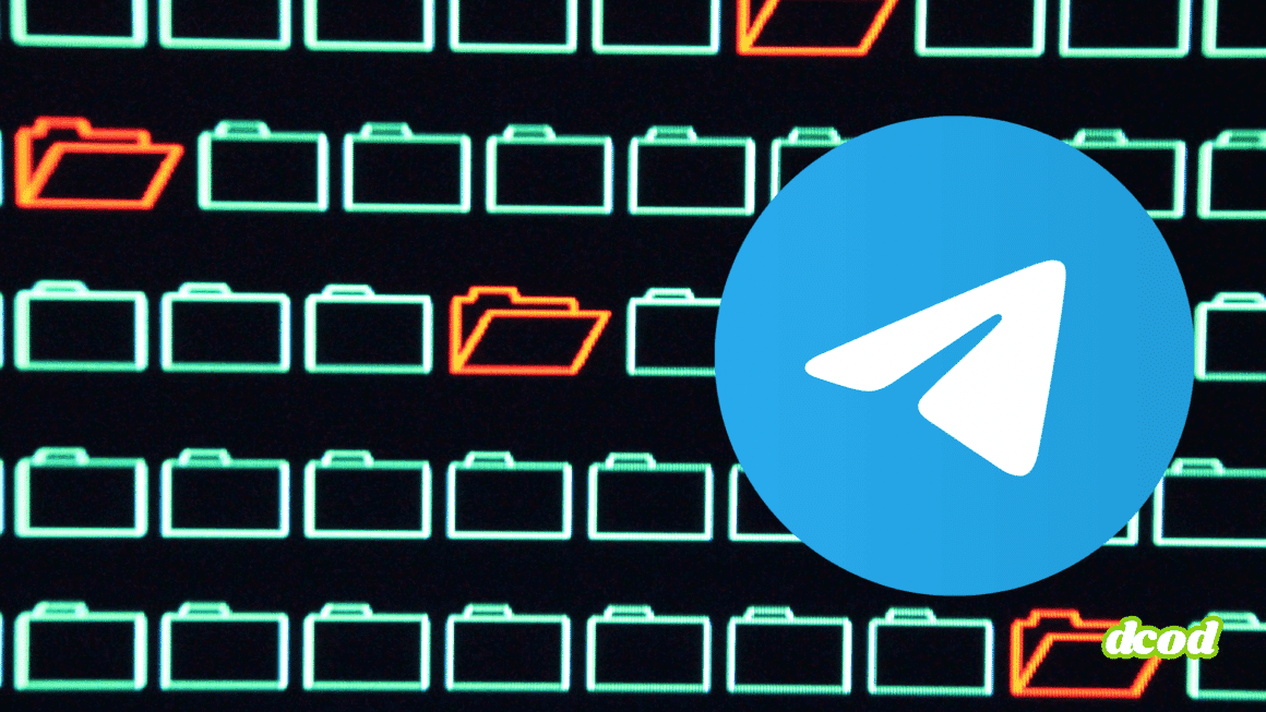 Logo de Telegram superposé à un écran affichant des icônes de dossiers, dont plusieurs en rouge signalant des fichiers potentiellement sensibles ou piratés.