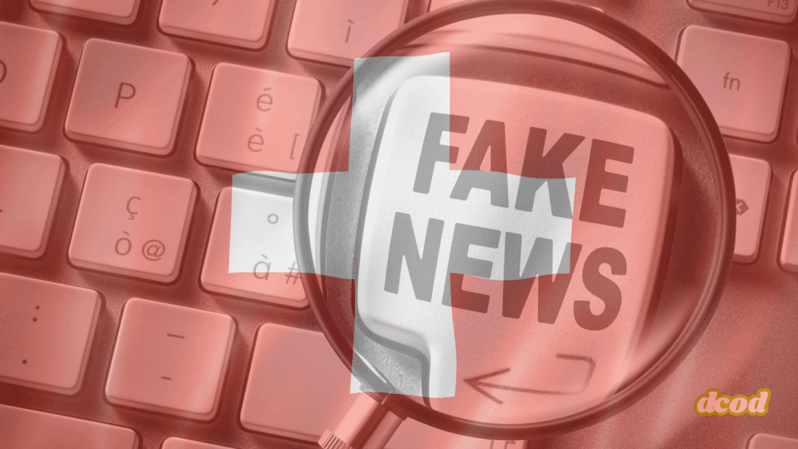 Clavier d’ordinateur avec une touche marquée « FAKE NEWS » vue à travers une loupe, surmontée d’un drapeau suisse en transparence, illustrant la problématique de la désinformation en ligne en Suisse.