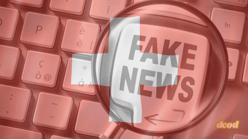 Clavier d’ordinateur avec une touche marquée « FAKE NEWS » vue à travers une loupe, surmontée d’un drapeau suisse en transparence, illustrant la problématique de la désinformation en ligne en Suisse.