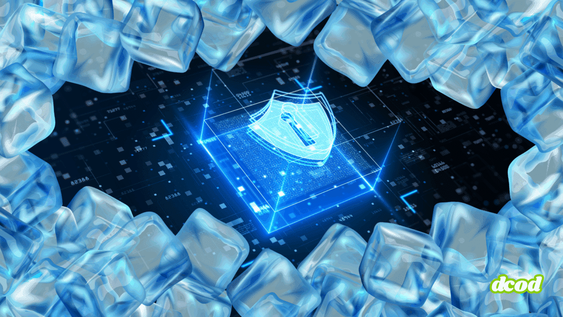 Illustration d’un système de cybersécurité EDR représenté par un cadenas numérique au centre d’un circuit imprimé, entouré de blocs de glace symbolisant un gel ou un blocage informatique.