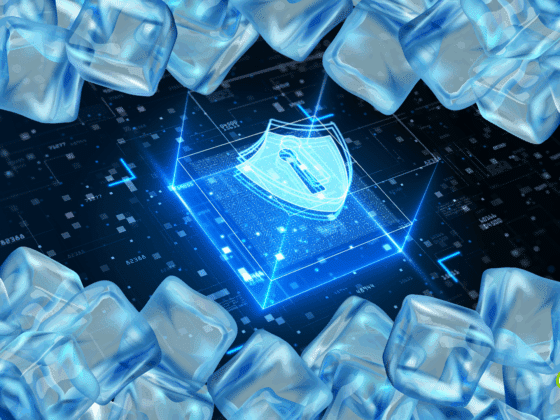Illustration d’un système de cybersécurité EDR représenté par un cadenas numérique au centre d’un circuit imprimé, entouré de blocs de glace symbolisant un gel ou un blocage informatique.