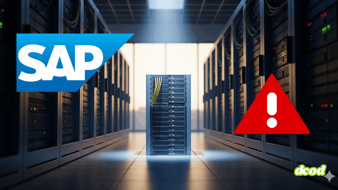 Illustration d’une alerte critique affectant un serveur dans un centre de données SAP, avec un pictogramme d’avertissement rouge et le logo SAP, symbolisant une interruption ou une défaillance du système.