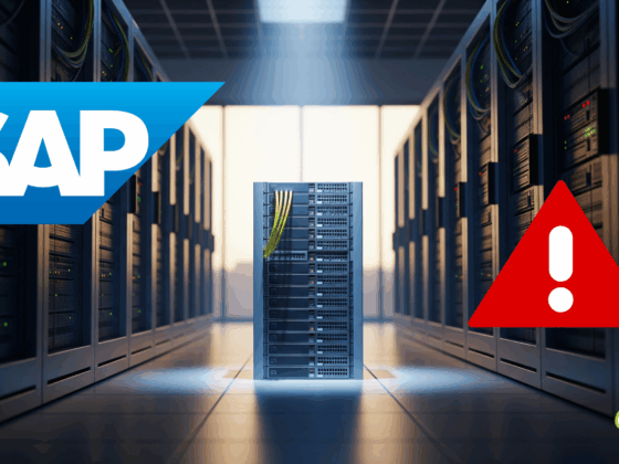 Illustration d’une alerte critique affectant un serveur dans un centre de données SAP, avec un pictogramme d’avertissement rouge et le logo SAP, symbolisant une interruption ou une défaillance du système.