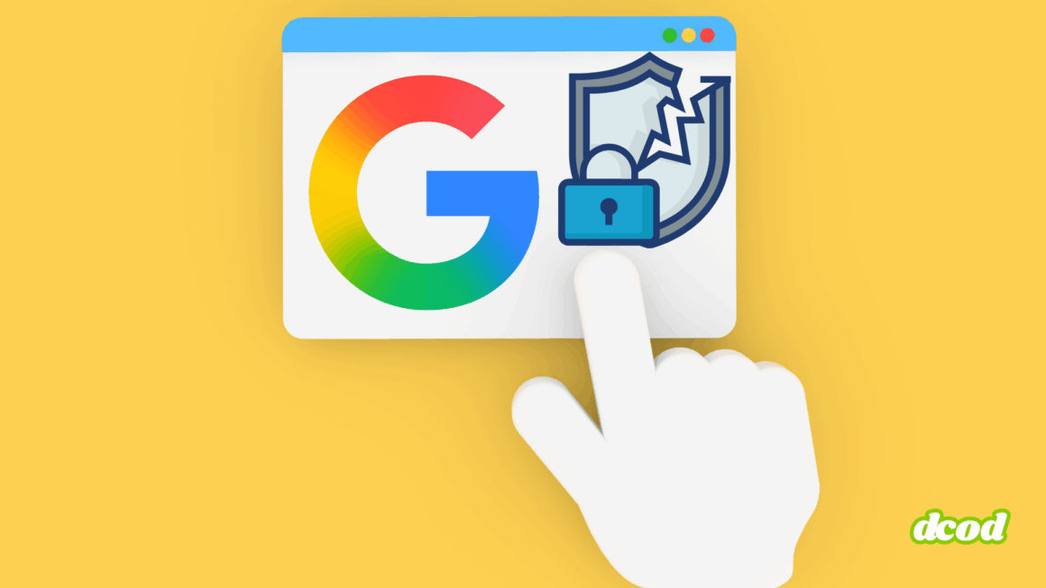 Illustration représentant le logo de Google à côté d’un bouclier fissuré avec un cadenas, symbolisant une faille de sécurité ou une vulnérabilité. Une main clique sur l’interface, sur fond jaune.