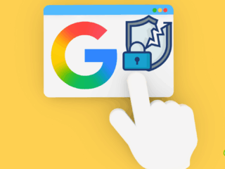 Illustration représentant le logo de Google à côté d’un bouclier fissuré avec un cadenas, symbolisant une faille de sécurité ou une vulnérabilité. Une main clique sur l’interface, sur fond jaune.