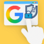Illustration représentant le logo de Google à côté d’un bouclier fissuré avec un cadenas, symbolisant une faille de sécurité ou une vulnérabilité. Une main clique sur l’interface, sur fond jaune.