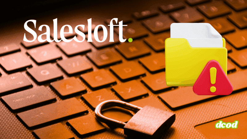Clavier d’ordinateur avec un cadenas, une icône de dossier jaune accompagnée d’un symbole d’alerte, et le logo de Salesloft, illustrant une fuite de données ou une faille de sécurité informatique.