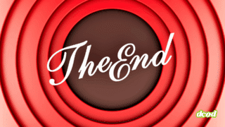 Image stylisée inspirée des cartoons classiques, avec des cercles rouges concentriques et l’inscription « The End » en lettres cursives blanches sur fond marron, évoquant une séquence de fin de dessin animé.
