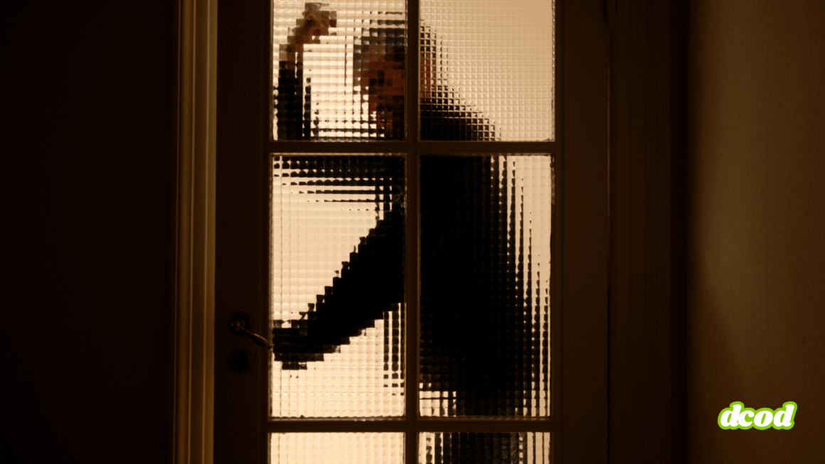 Silhouette floue d'une personne levant le bras de manière menaçante derrière une porte vitrée à petits carreaux, évoquant une scène de tension ou de danger.