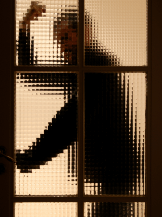 Silhouette floue d'une personne levant le bras de manière menaçante derrière une porte vitrée à petits carreaux, évoquant une scène de tension ou de danger.