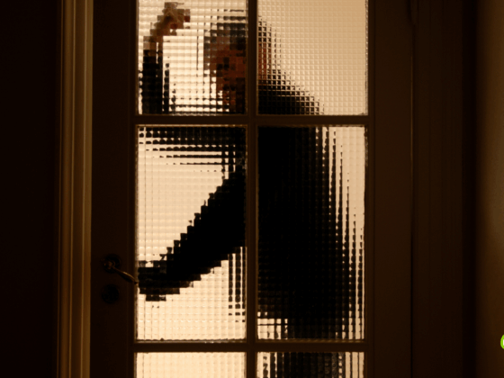 Silhouette floue d'une personne levant le bras de manière menaçante derrière une porte vitrée à petits carreaux, évoquant une scène de tension ou de danger.