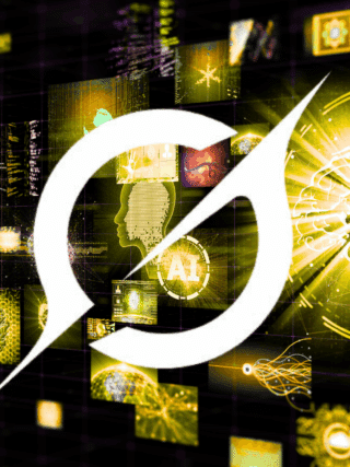 Mosaïque numérique futuriste sur fond noir et jaune, illustrant des concepts d’intelligence artificielle, de cerveau connecté et de technologies, avec un grand logo stylisé de Grok blanc au centre.