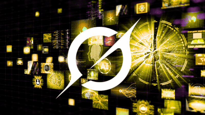 Mosaïque numérique futuriste sur fond noir et jaune, illustrant des concepts d’intelligence artificielle, de cerveau connecté et de technologies, avec un grand logo stylisé de Grok blanc au centre.