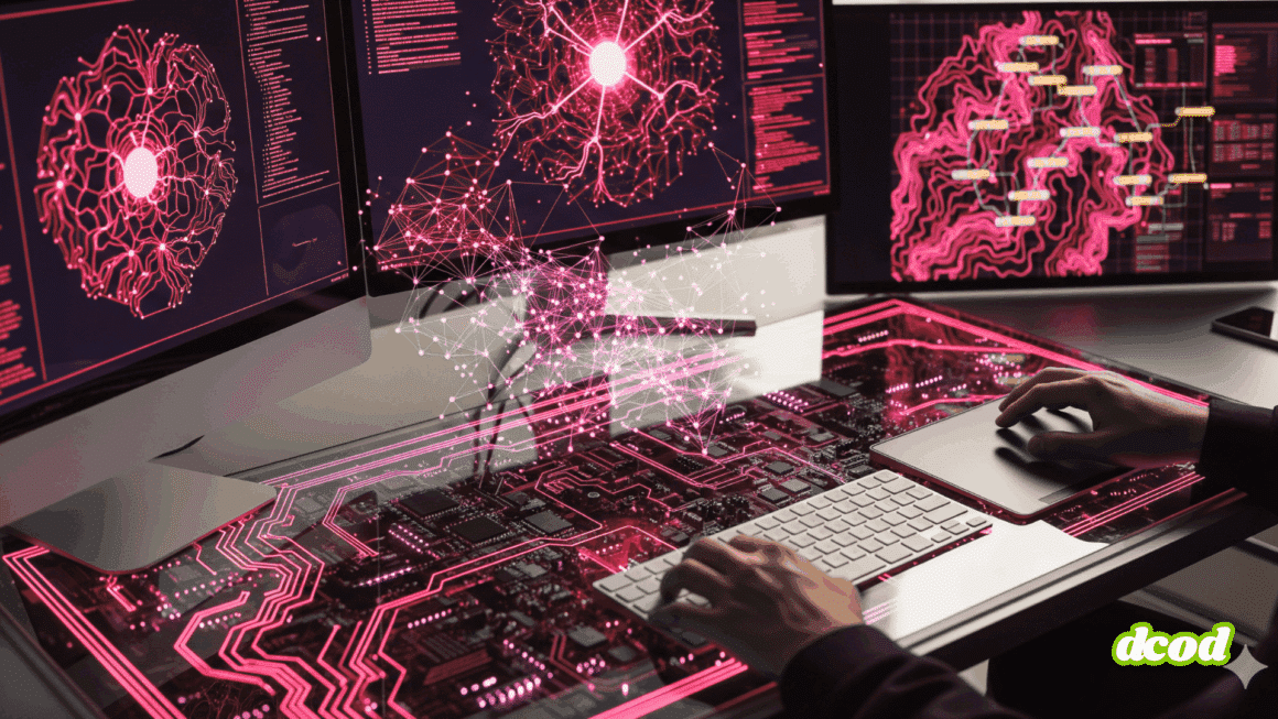 Tableau de bord de cybersécurité futuriste avec des réseaux neuronaux brillants et des circuits holographiques, illustrant le rôle de l'IA dans le hacking et la défense numérique. Deux mains tapent sur un clavier et une souris au premier plan.