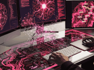 Tableau de bord de cybersécurité futuriste avec des réseaux neuronaux brillants et des circuits holographiques, illustrant le rôle de l'IA dans le hacking et la défense numérique. Deux mains tapent sur un clavier et une souris au premier plan.
