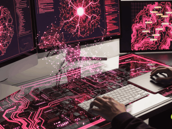 Tableau de bord de cybersécurité futuriste avec des réseaux neuronaux brillants et des circuits holographiques, illustrant le rôle de l'IA dans le hacking et la défense numérique. Deux mains tapent sur un clavier et une souris au premier plan.