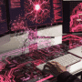 Tableau de bord de cybersécurité futuriste avec des réseaux neuronaux brillants et des circuits holographiques, illustrant le rôle de l'IA dans le hacking et la défense numérique. Deux mains tapent sur un clavier et une souris au premier plan.