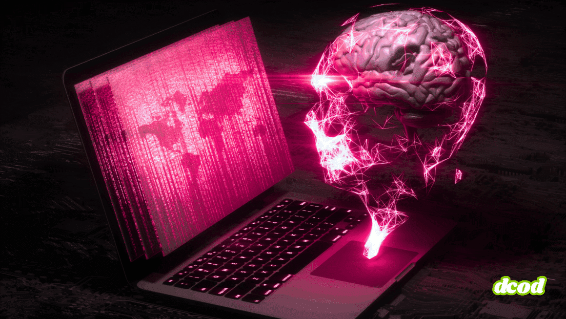 Illustration d’un cerveau numérique en réseau rose fluorescent émergeant d’un ordinateur portable, observant un écran affichant une carte du monde en code binaire, symbolisant l’intelligence artificielle, l’analyse de données et la cybersécurité.