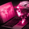 Illustration d’un cerveau numérique en réseau rose fluorescent émergeant d’un ordinateur portable, observant un écran affichant une carte du monde en code binaire, symbolisant l’intelligence artificielle, l’analyse de données et la cybersécurité.