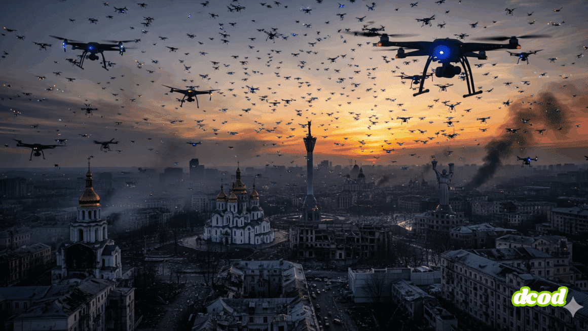 Vue hyper-réaliste d'une formation de drones au-dessus d'un paysage urbain de Kyiv, capturée au crépuscule.