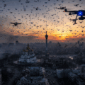 Vue hyper-réaliste d'une formation de drones au-dessus d'un paysage urbain de Kyiv, capturée au crépuscule.