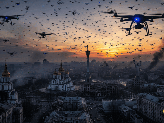 Vue hyper-réaliste d'une formation de drones au-dessus d'un paysage urbain de Kyiv, capturée au crépuscule.