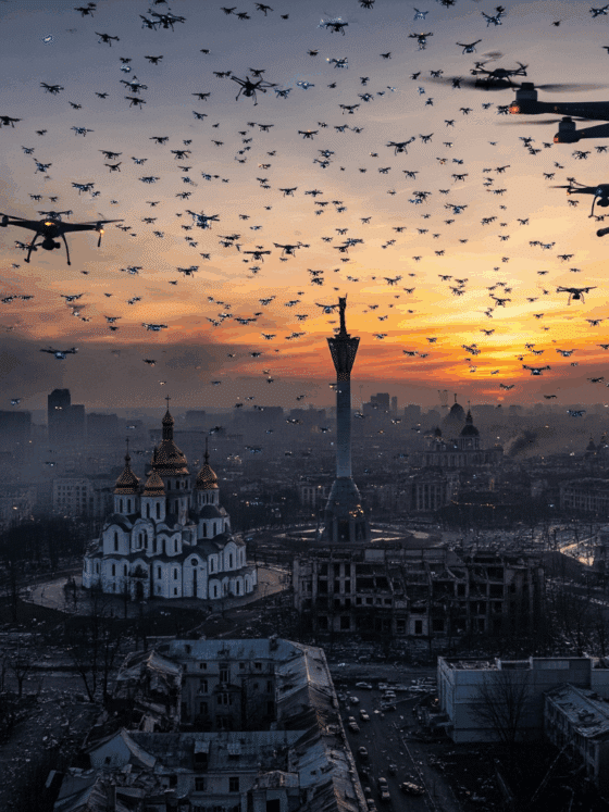 Vue hyper-réaliste d'une formation de drones au-dessus d'un paysage urbain de Kyiv, capturée au crépuscule.