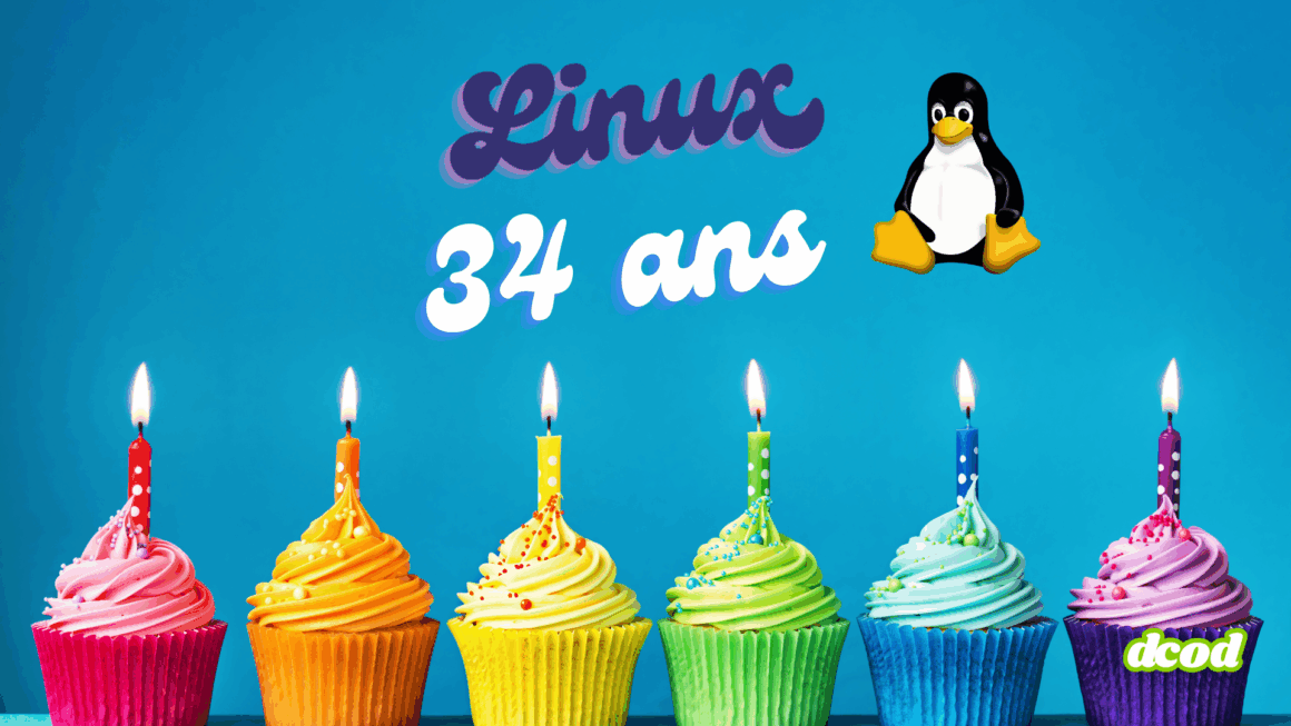 Image festive pour les 34 ans de Linux, avec six cupcakes multicolores décorés de bougies allumées, sur fond bleu vif. Le texte “Linux 34 ans” est affiché en haut, accompagné de la mascotte Tux, le manchot emblématique du système d’exploitation.