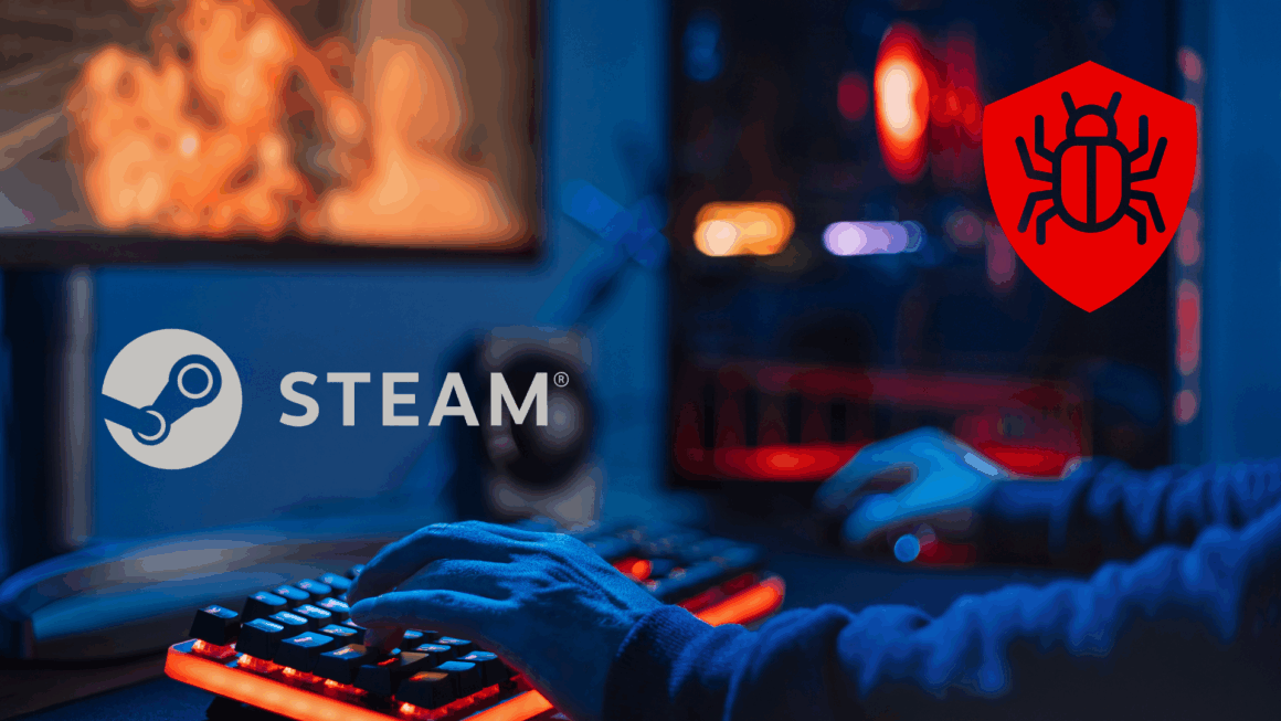 Image illustrant un joueur utilisant un clavier rétroéclairé devant un écran d’ordinateur, avec le logo de Steam à gauche et une icône de sécurité rouge représentant un malware à droite, symbolisant une menace informatique dans l’univers des jeux vidéo.