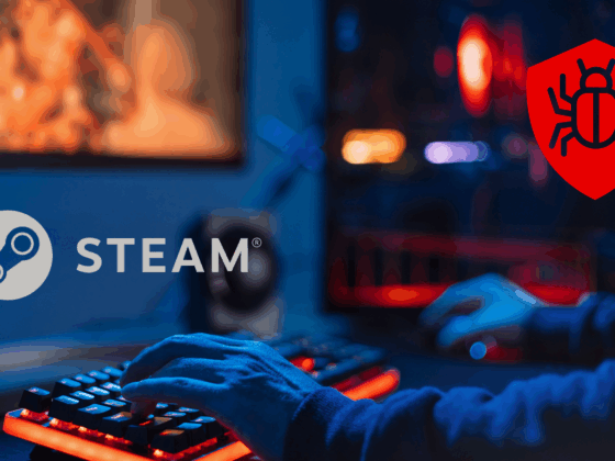 Image illustrant un joueur utilisant un clavier rétroéclairé devant un écran d’ordinateur, avec le logo de Steam à gauche et une icône de sécurité rouge représentant un malware à droite, symbolisant une menace informatique dans l’univers des jeux vidéo.