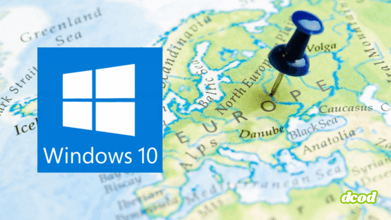 Logo de Windows 10 superposé sur une carte de l’Europe avec une punaise bleue plantée au centre du continent, illustrant le déploiement du système d’exploitation en Europe.