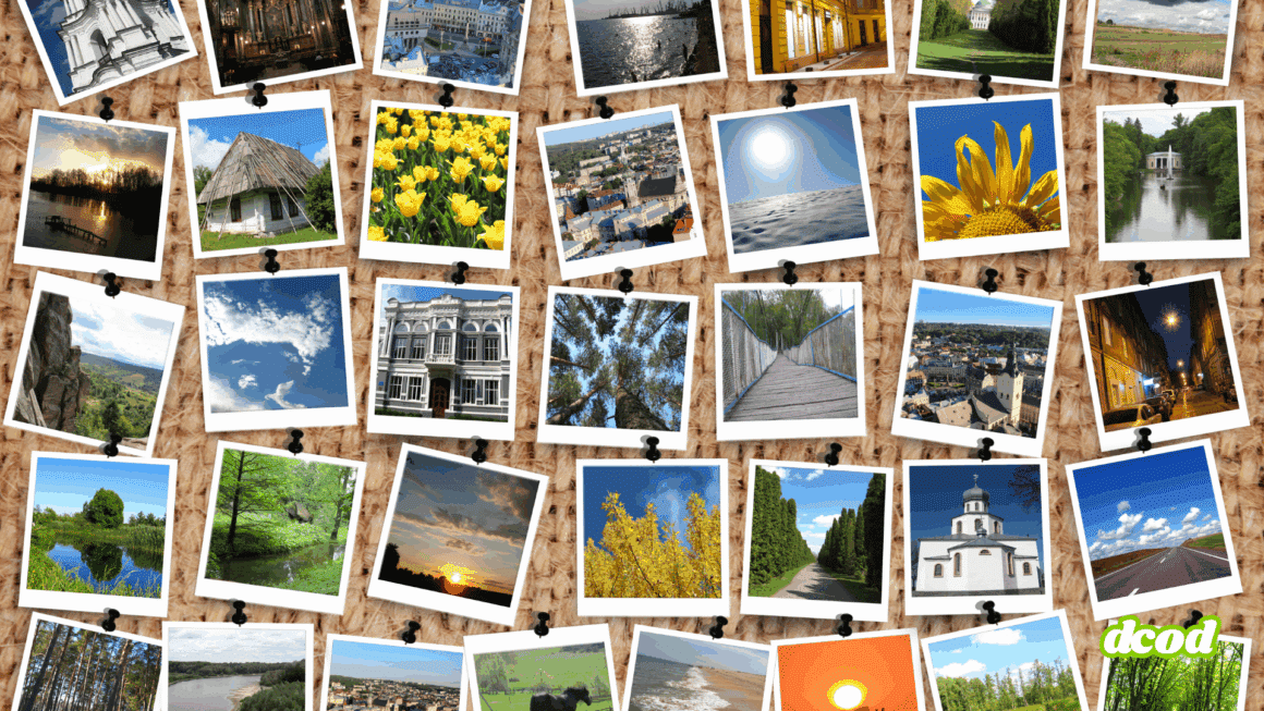 Mosaïque de photos représentant divers paysages et scènes, incluant des vues de villes historiques, des forêts, des rivières, des couchers de soleil, des bâtiments architecturaux et des éléments de la nature comme des champs de fleurs et des ponts suspendus.