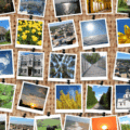 Mosaïque de photos représentant divers paysages et scènes, incluant des vues de villes historiques, des forêts, des rivières, des couchers de soleil, des bâtiments architecturaux et des éléments de la nature comme des champs de fleurs et des ponts suspendus.