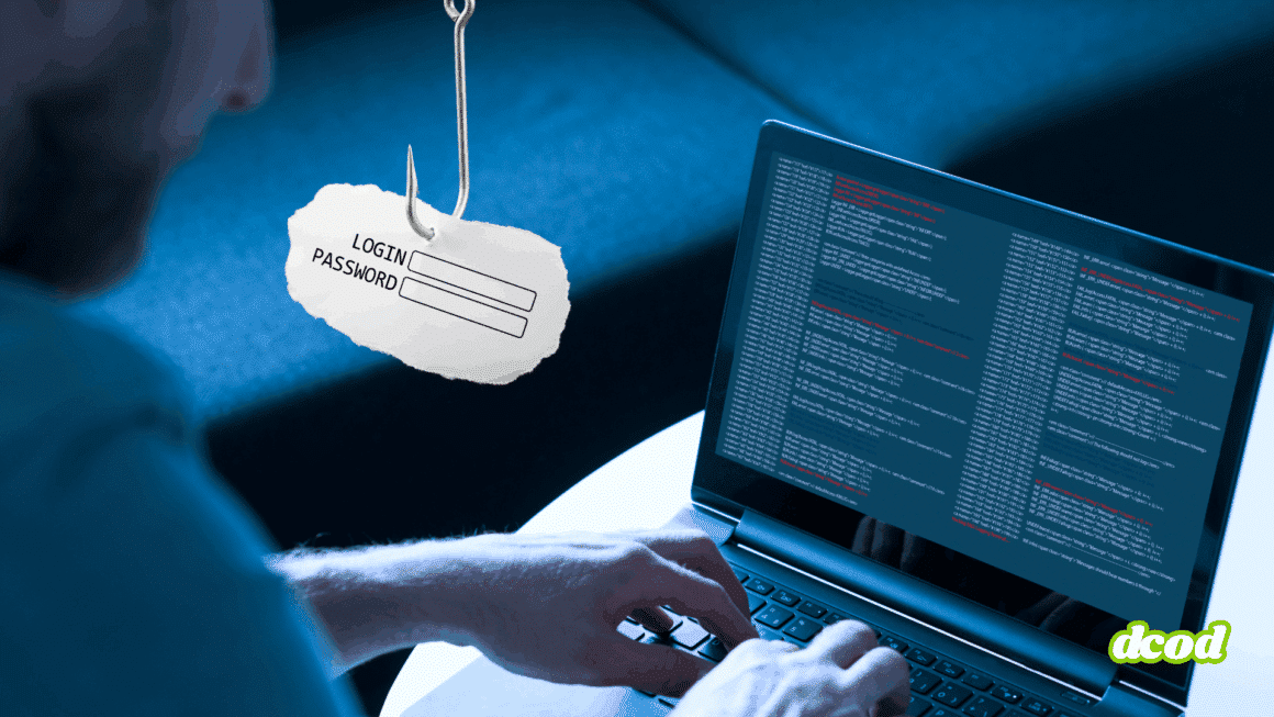Un développeur tapant sur un ordinateur portable avec un écran affichant du code, tandis qu’un hameçon suspend un papier portant les champs « Login » et « Password », illustrant une attaque de phishing informatique.