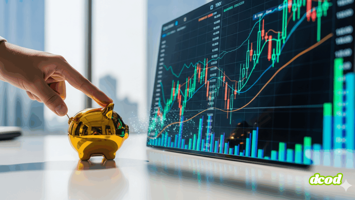 Illustration conceptuelle d'une arnaque 'pig butchering' montrant une tirelire en face d'un graphique boursier numérique.