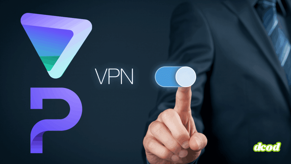 Main d’un homme en costume activant un interrupteur virtuel pour lancer un VPN, avec les logos de services VPN stylisés et le mot « VPN » affiché à l’écran, symbolisant la protection de la vie privée en ligne avec logo Proton VPN.
