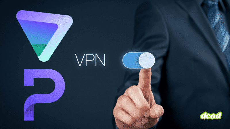 Main d’un homme en costume activant un interrupteur virtuel pour lancer un VPN, avec les logos de services VPN stylisés et le mot « VPN » affiché à l’écran, symbolisant la protection de la vie privée en ligne avec logo Proton VPN.