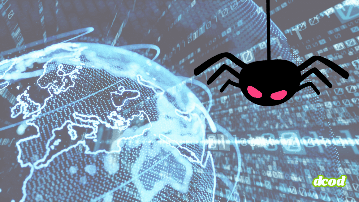 Illustration d’une araignée stylisée noire aux yeux rouges symbolisant une cybermenace, suspendue au-dessus d’une carte numérique du monde avec des flux de données, représentant les risques de cybersécurité à l’échelle mondiale.