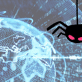 Illustration d’une araignée stylisée noire aux yeux rouges symbolisant une cybermenace, suspendue au-dessus d’une carte numérique du monde avec des flux de données, représentant les risques de cybersécurité à l’échelle mondiale.