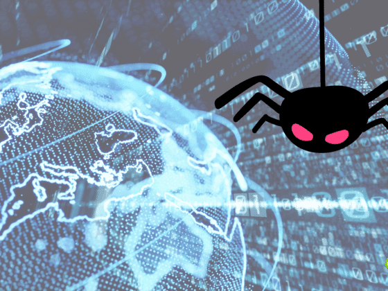 Illustration d’une araignée stylisée noire aux yeux rouges symbolisant une cybermenace, suspendue au-dessus d’une carte numérique du monde avec des flux de données, représentant les risques de cybersécurité à l’échelle mondiale.