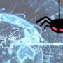 Illustration d’une araignée stylisée noire aux yeux rouges symbolisant une cybermenace, suspendue au-dessus d’une carte numérique du monde avec des flux de données, représentant les risques de cybersécurité à l’échelle mondiale.