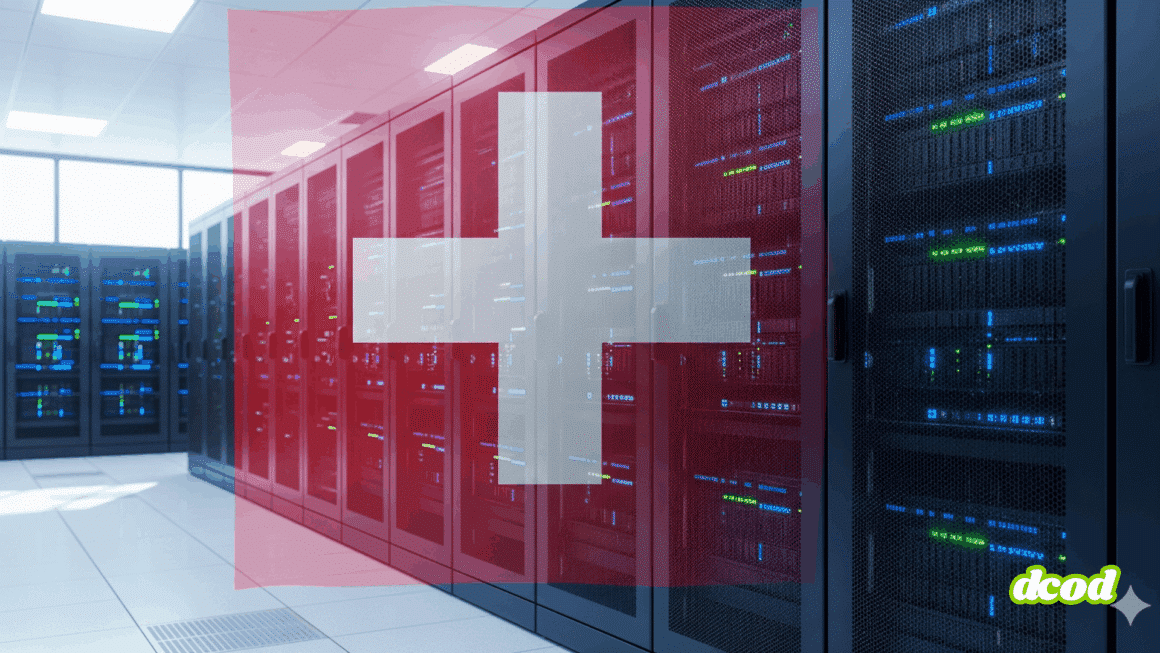 Photographie d'un centre de données sécurisé avec le drapeau suisse en surimpression, représentant la cybersécurité de l'administration fédérale.