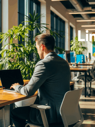 Un professionnel travaillant sur un ordinateur portable dans un bureau moderne et lumineux et incluant un logo Linkedin