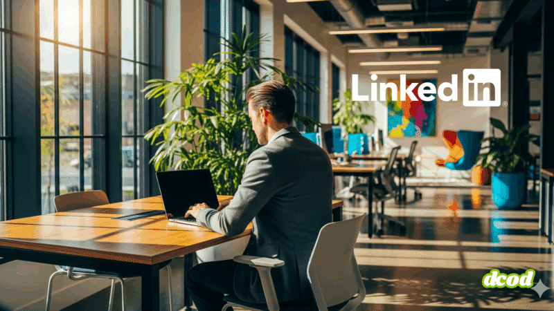 Un professionnel travaillant sur un ordinateur portable dans un bureau moderne et lumineux et incluant un logo Linkedin