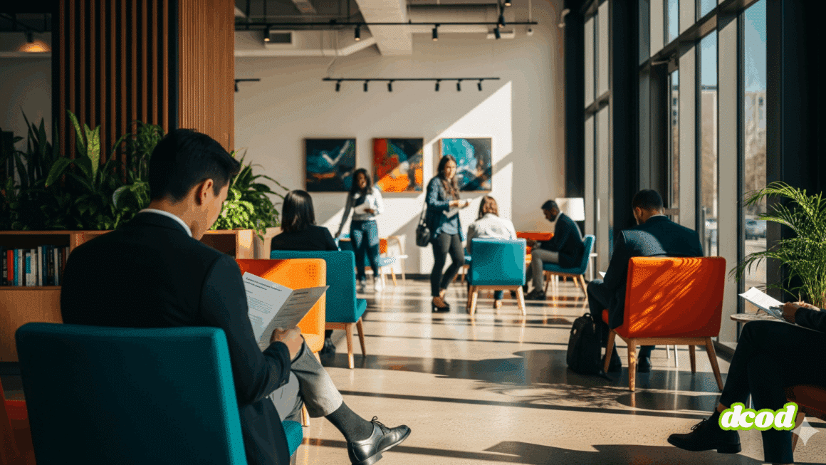 Photographie hyper-réaliste d'une personne patientant dans le hall moderne et lumineux d'une agence de l'emploi