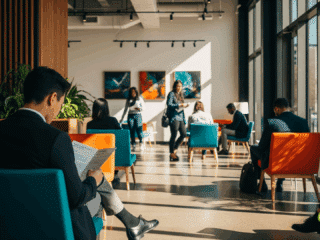 Photographie hyper-réaliste d'une personne patientant dans le hall moderne et lumineux d'une agence de l'emploi