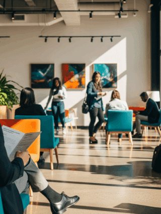 Photographie hyper-réaliste d'une personne patientant dans le hall moderne et lumineux d'une agence de l'emploi