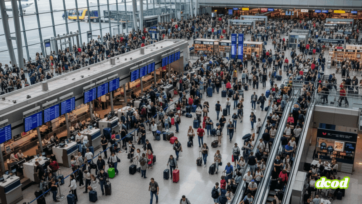 Vue en plongée d'un vaste hall d'aéroport lumineux et bondé, où une foule de voyageurs avec leurs bagages circule entre les comptoirs d'enregistrement et les escalators, sous une structure architecturale moderne.