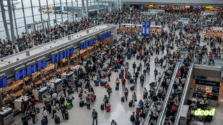 Vue en plongée d'un vaste hall d'aéroport lumineux et bondé, où une foule de voyageurs avec leurs bagages circule entre les comptoirs d'enregistrement et les escalators, sous une structure architecturale moderne.